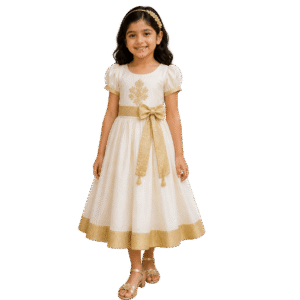 Girls Traditional Frock – Pearl White & Gold